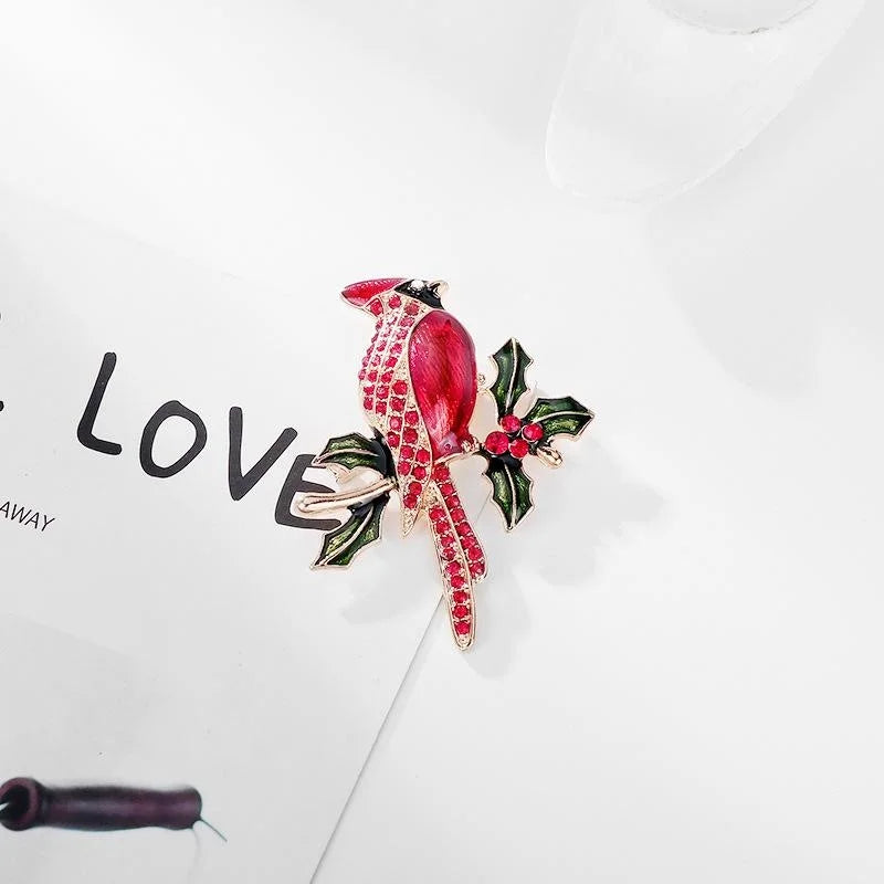 Luxury Red Cardinal Bird On Holly Branch Enamel Rhinestone Brooch, Elegant Lapel Pin Corsage Gift