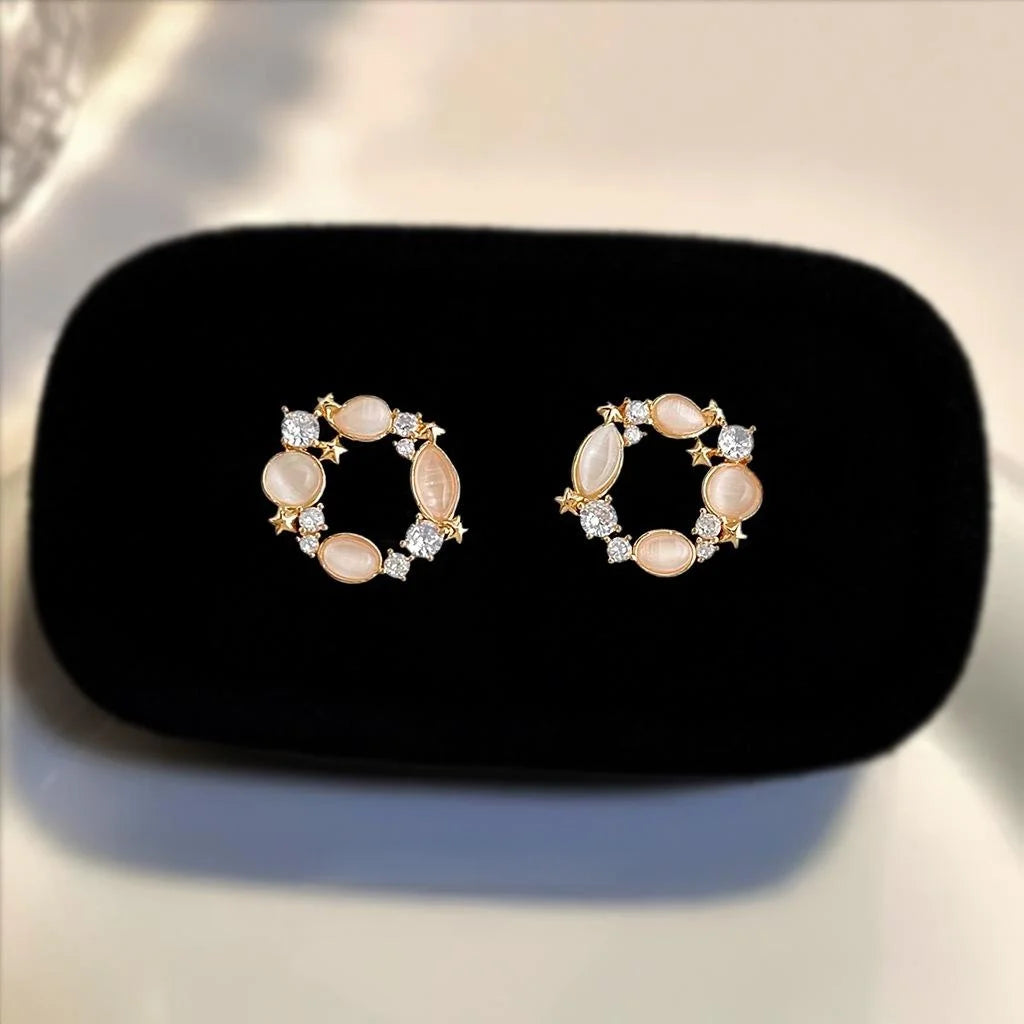 14K Plated Eco Copper Glass Cat Eye Flower Stud Earrings Micro Pave Zircon Light Luxury Jewelry