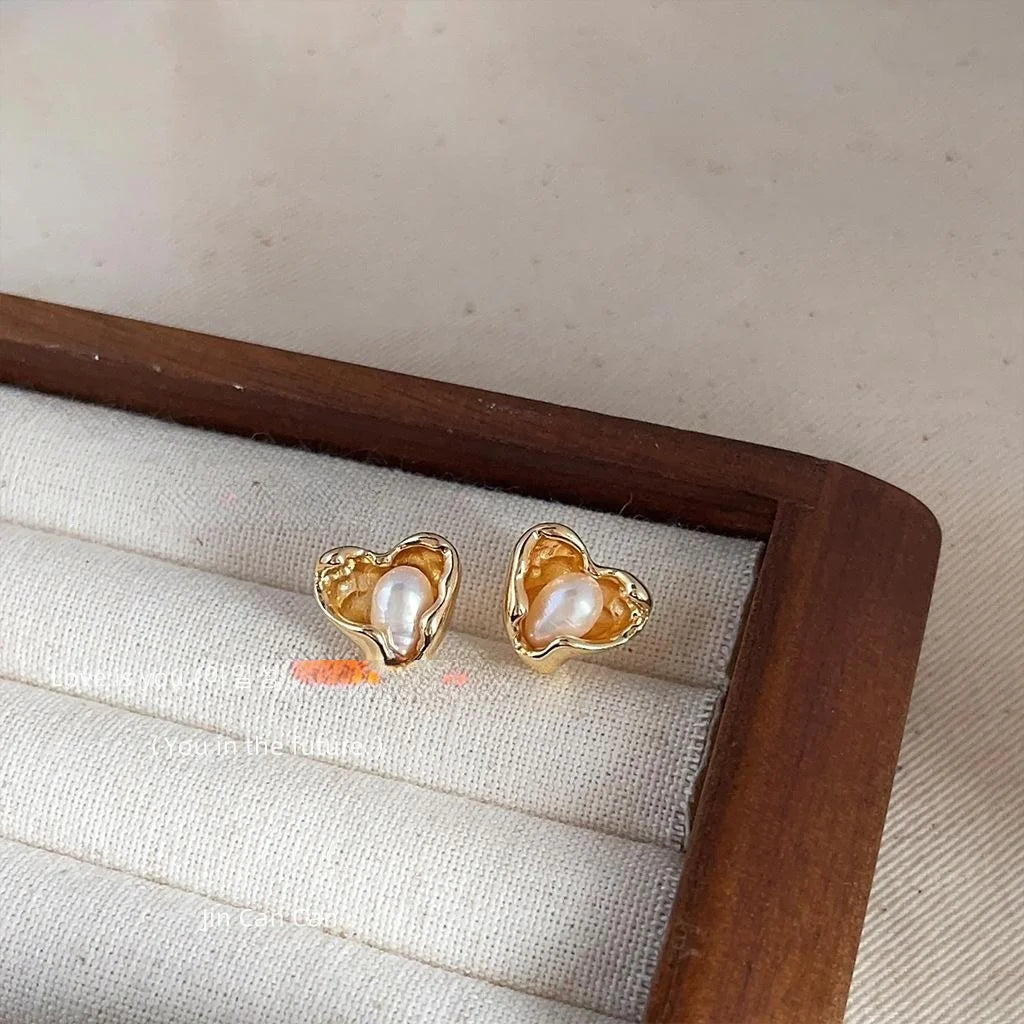 Luxury Irregular Freshwater Pearl 14K Gold Plated Heart Stud Earrings for Women