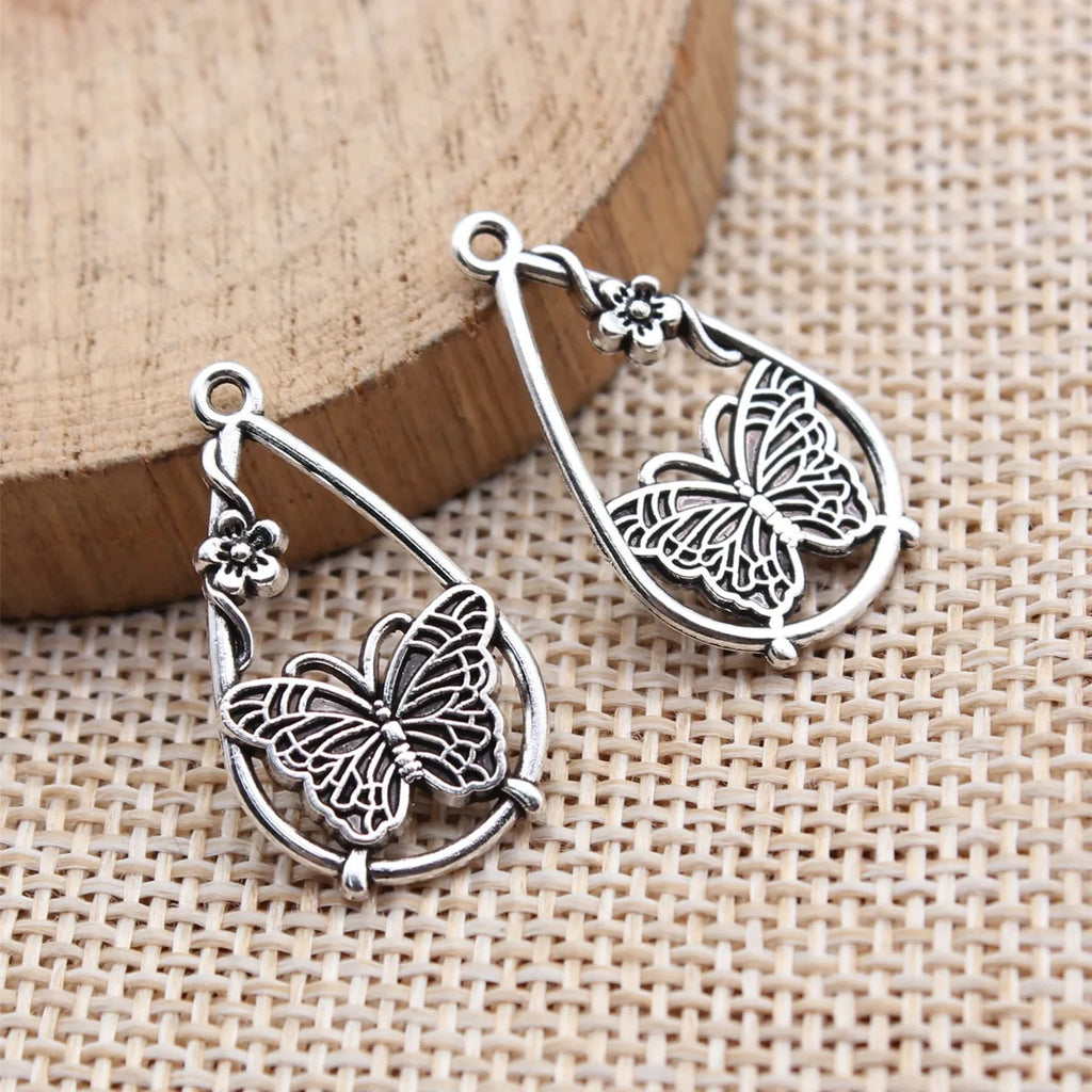 25x14mm 1.35g Antique Silver Zinc Alloy Flower Butterfly Teardrop Charm Pendant for DIY Jewelry