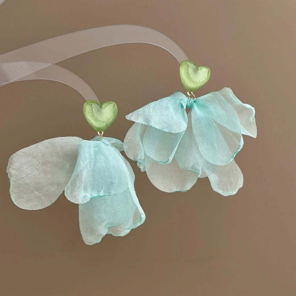 Mint Green Handmade Fabric Lace Floral Heart Drop Earrings Sweet Fresh Forest Style