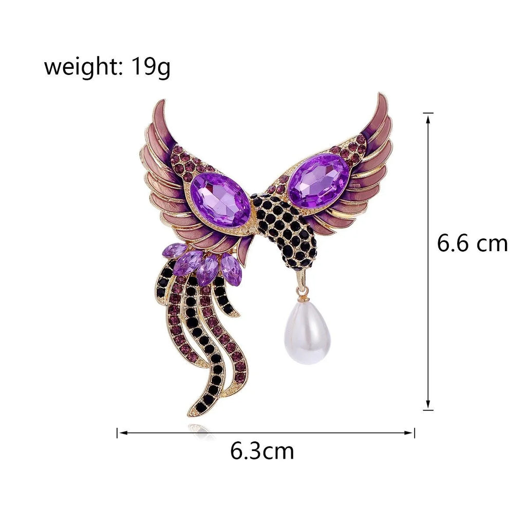 Luxury Phoenix Bird Brooch With Purple Rhinestones, Enamel Wings And Pearl Drop Lapel Pin Suit Accessory