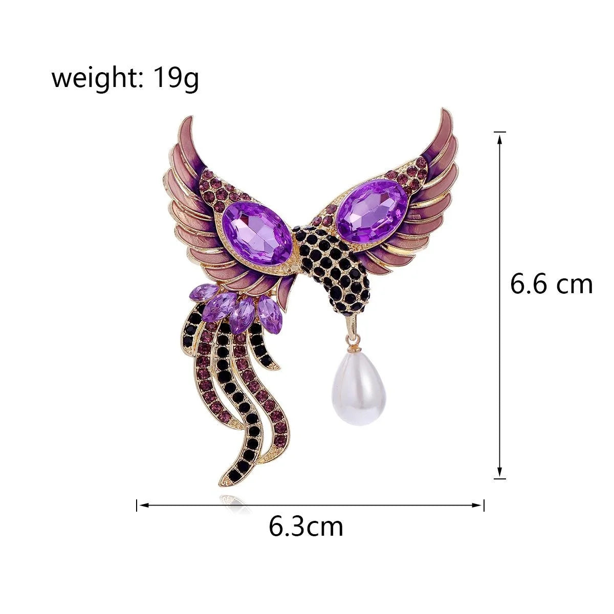 Luxury Phoenix Bird Brooch With Purple Rhinestones, Enamel Wings And Pearl Drop Lapel Pin Suit Accessory