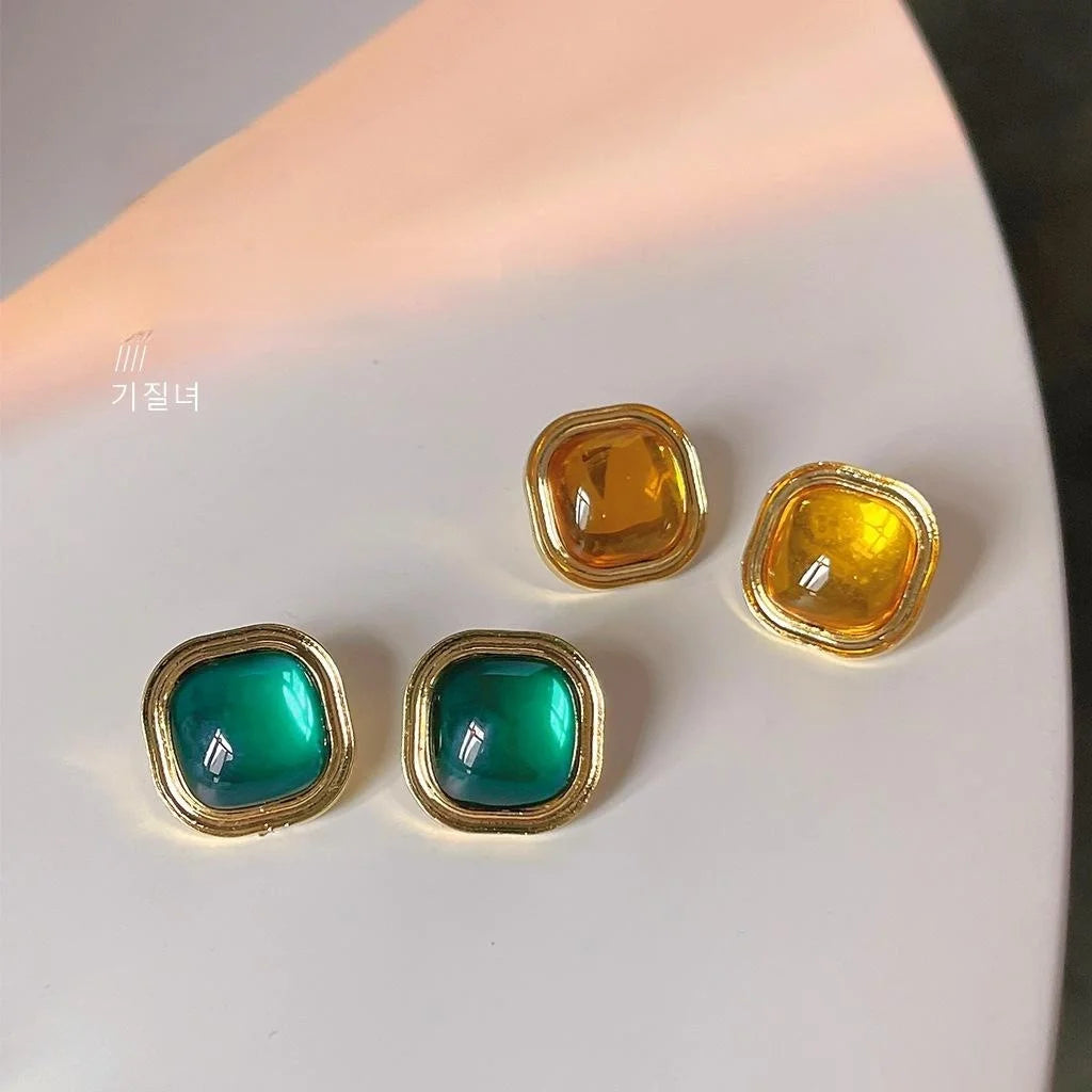 14K Gold Plated Square Geometric Stud Earrings French Vintage Metal Jewelry