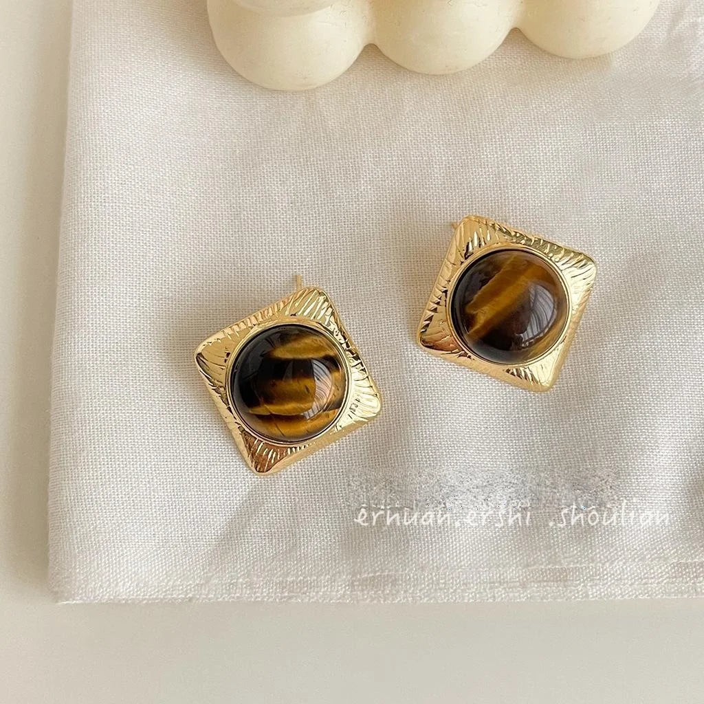 Vintage 14K Plated Copper Tiger Eye Square Geometric Stud Earrings For Women