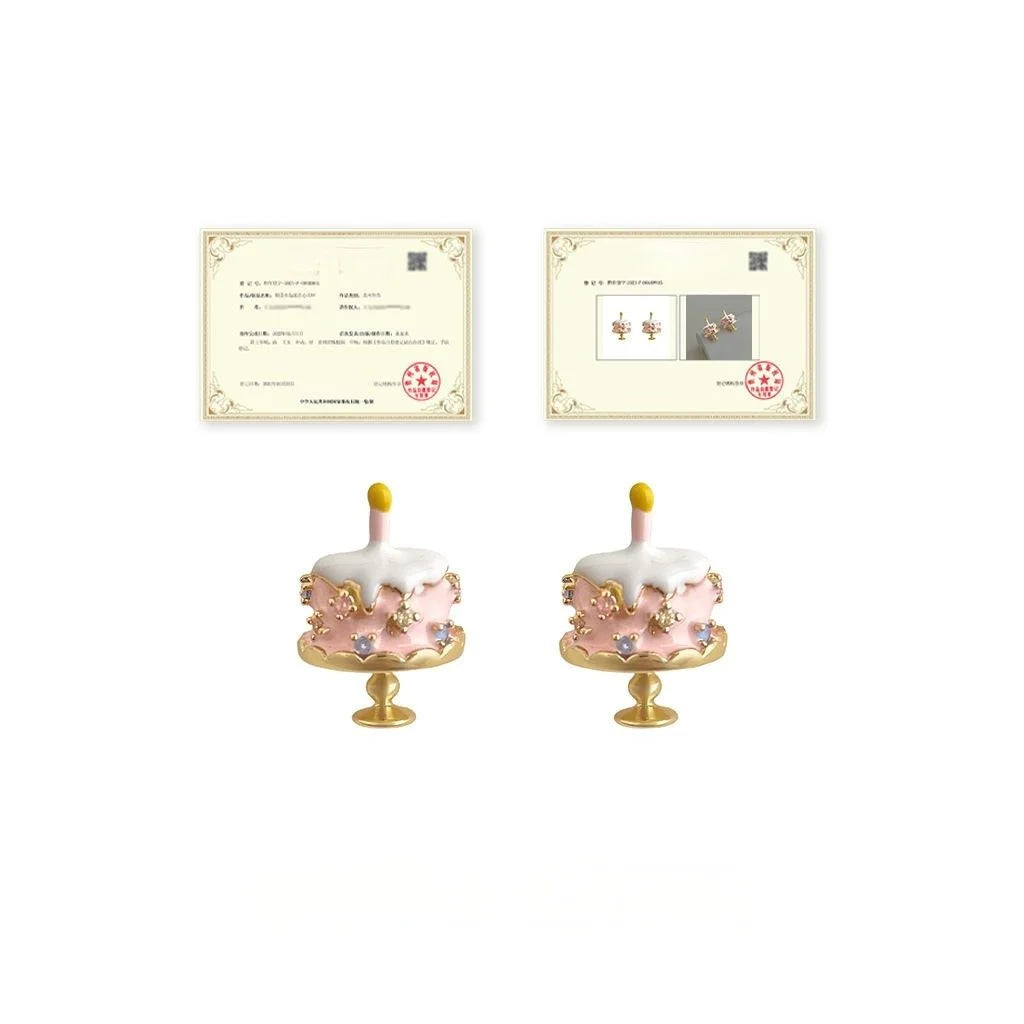 Original Designer Cute Birthday Cake Enamel Painted Copper Zircon Stud Earrings For Women