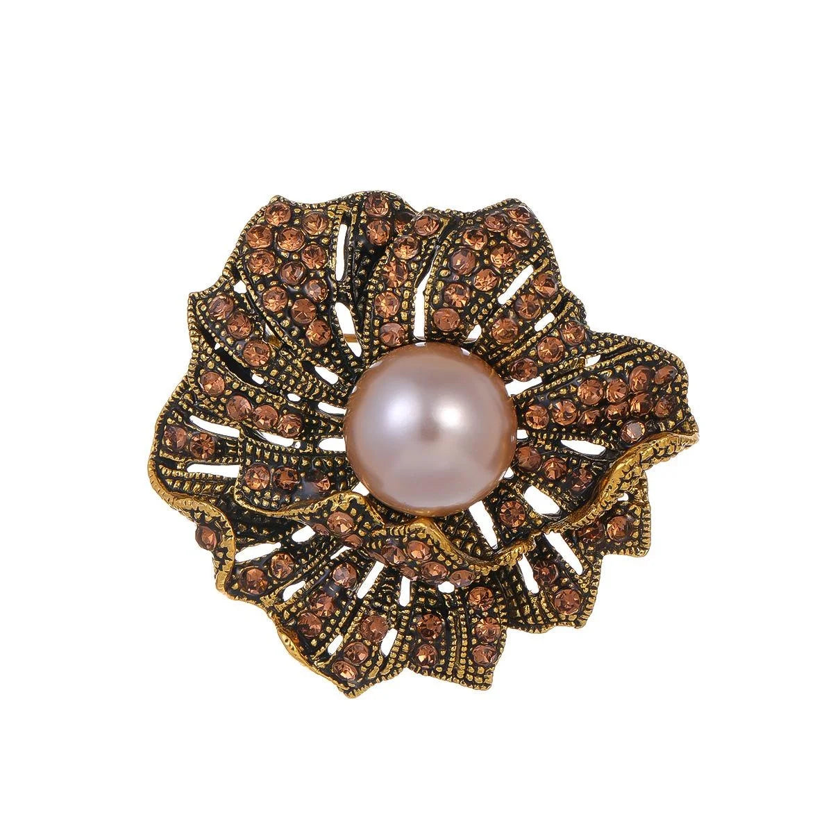 Vintage Rose Flower Brooch With Faux Pearl And Amber Rhinestones, Elegant Lapel Pin Suit Accessory Gift