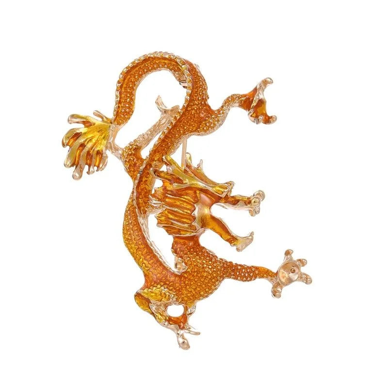 Elegant Gold Alloy Enamel Dragon Brooch, Zodiac Dragon Lapel Pin For Coat Suit Accessory Gift