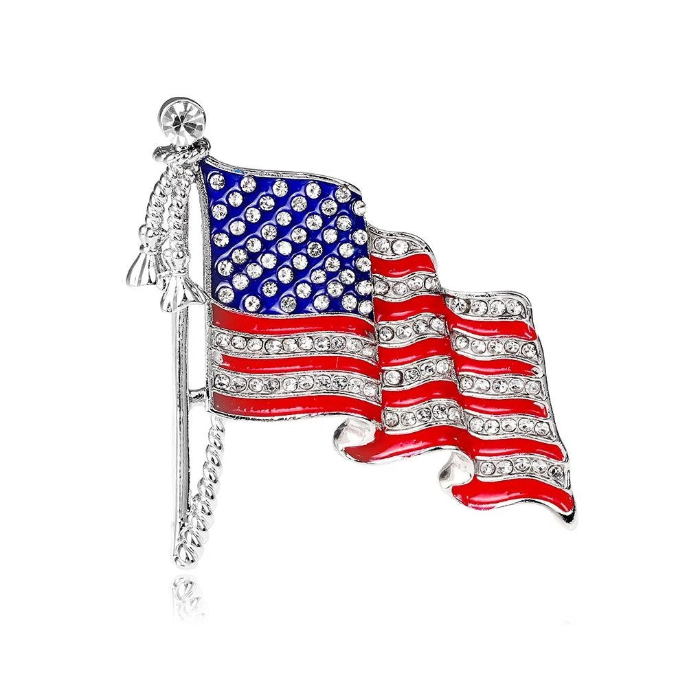 Elegant American Flag Rhinestone Enamel Alloy Brooch, Patriotic Waving Flag Lapel Pin Suit Accessory Gift