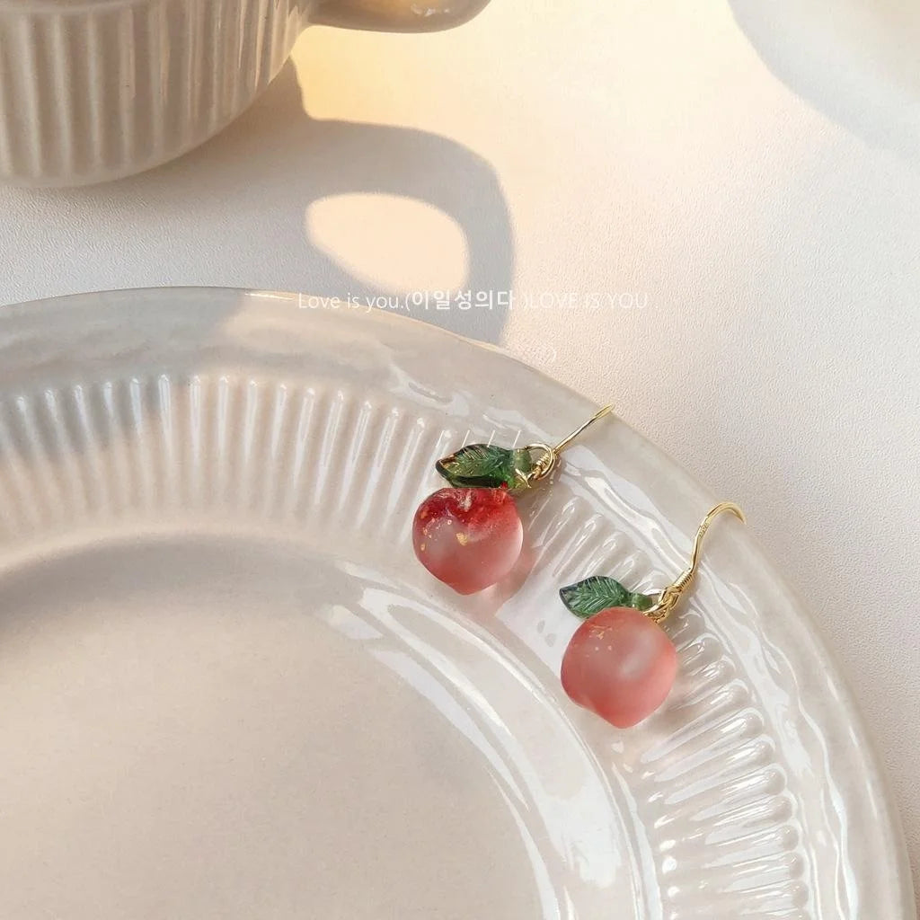 Pink Glazed Glass Peach Drop Earrings With Silver Plated Pins, Handmade Sweet Cute Jewelry