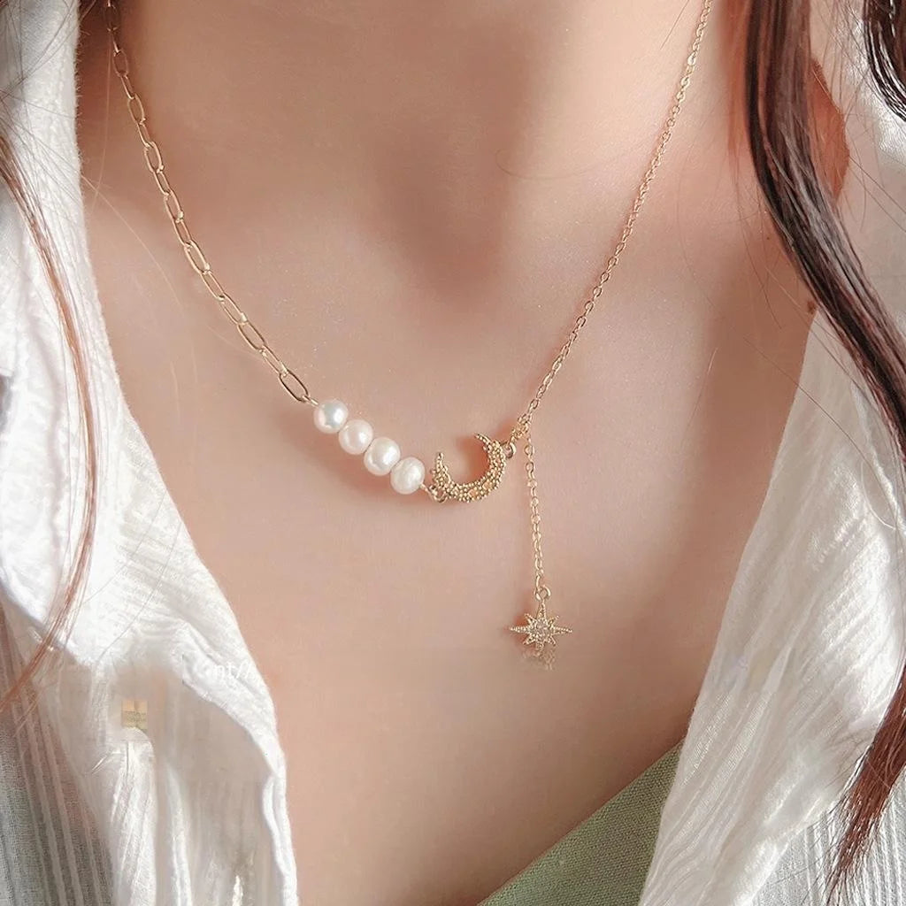 French Luxe 14K Plated Copper Zircon Micro Pave Star Freshwater Pearl Choker Necklace