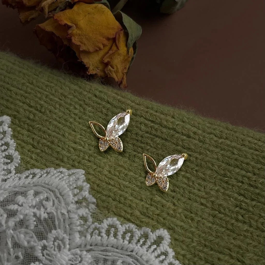 Elegant Butterfly Zircon Stud Earrings Eco-Friendly Copper Silver Plated Commuter Jewelry