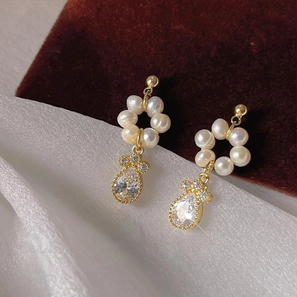 14K Gold Plated Freshwater Pearl Drop Earrings With Micro Pave Zircon Circle Geometric Design