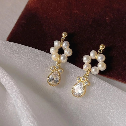 14K Gold Plated Freshwater Pearl Drop Earrings With Micro Pave Zircon Circle Geometric Design