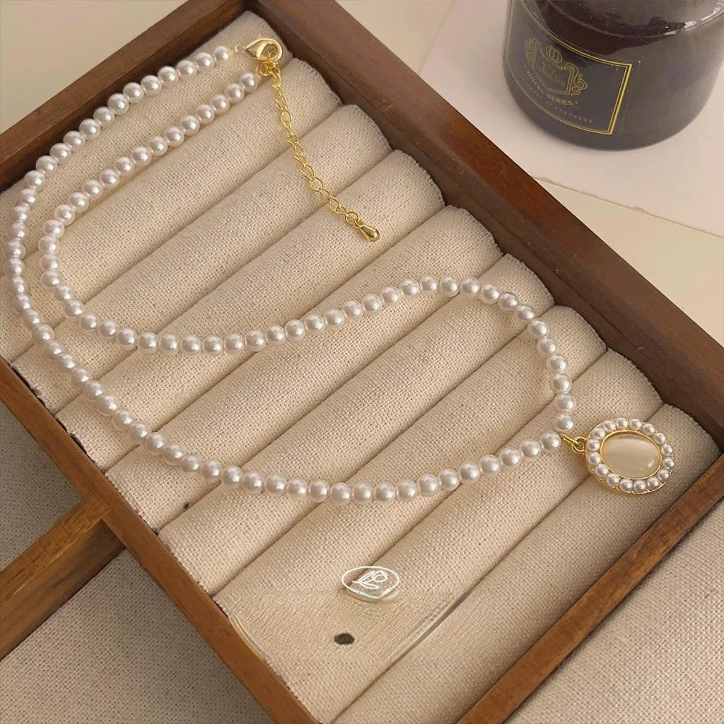 French Vintage Copper Glass Cat Eye Stone Pearl Round Geometric Collarbone Necklace