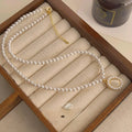 French Vintage Copper Glass Cat Eye Stone Pearl Round Geometric Collarbone Necklace