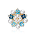 Elegant Blue Enamel Flower Brooch With Pearls And Rhinestones, Alloy Floral Lapel Pin Corsage Gift