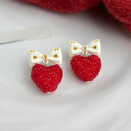 Rhinestone Enamel Bow Heart Drop Earrings Cute Sweet Jewelry