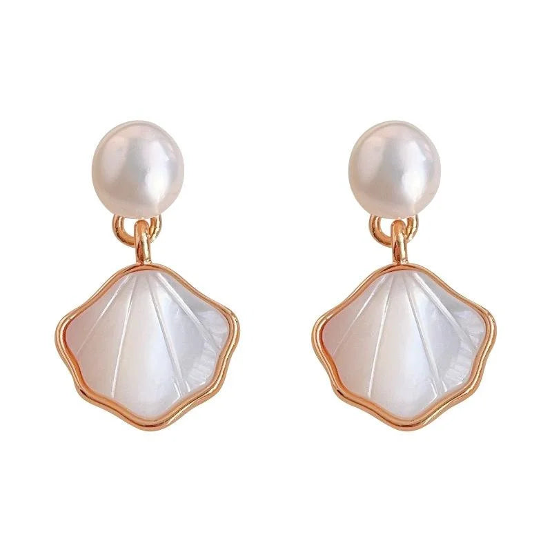 Freshwater Pearl Shell Geometric Stud Earrings French Vintage 14K Plated Jewelry