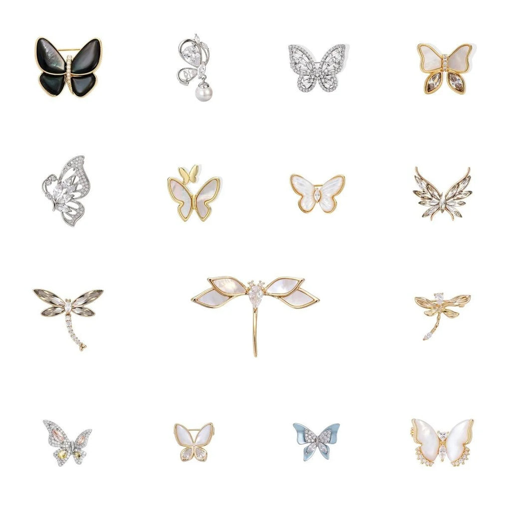 Light Luxury Butterfly Dragonfly Brooch, Copper Zircon Mother Of Pearl Lapel Pin Corsage Suit Accessory Gift