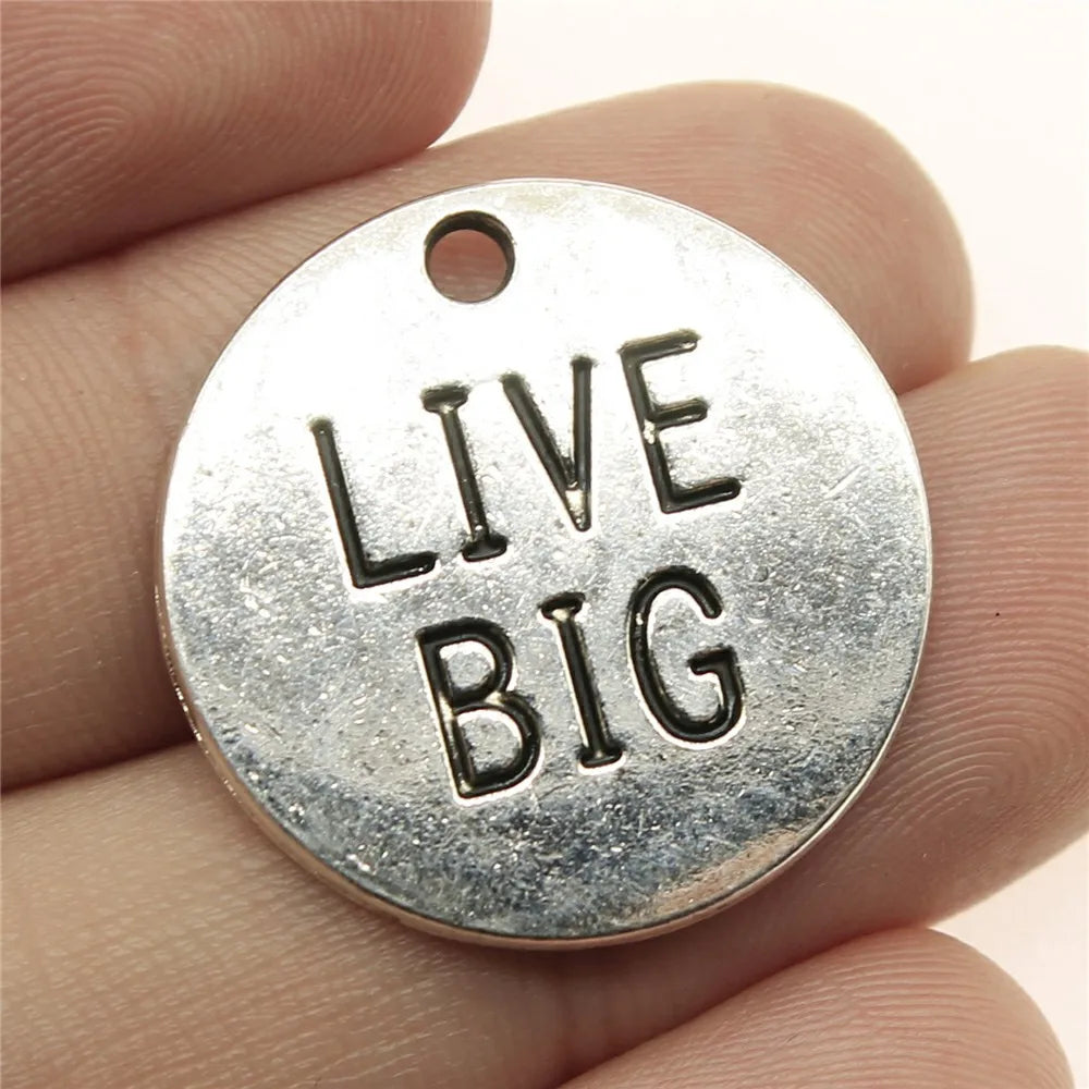 25x25mm 4.8g Antique Zinc Alloy Round LIVE BIG Word Tag Letter Charm Pendant for DIY Bracelet Necklace