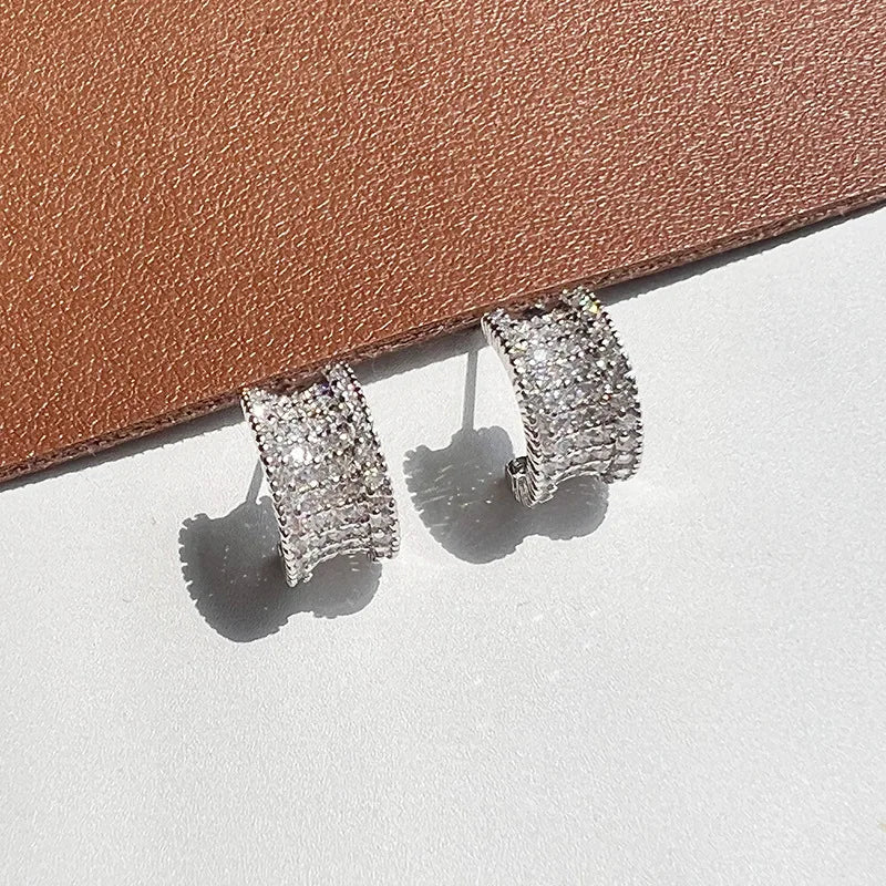 Elegant Zircon Pave Wide Hoop Huggie Stud & Clip On No Piercing Small Circle Ear Cuff Earrings