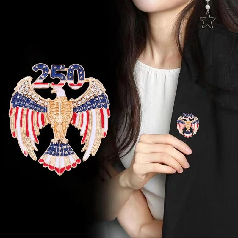 Elegant 250th Anniversary Eagle Enamel Rhinestone Brooch, Patriotic American Flag Lapel Pin Suit Accessory