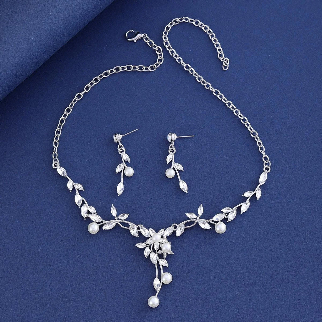 Elegant Bridal Zircon Crystal Pearl Vine Necklace And Earrings Jewelry Set For Wedding Party Gift