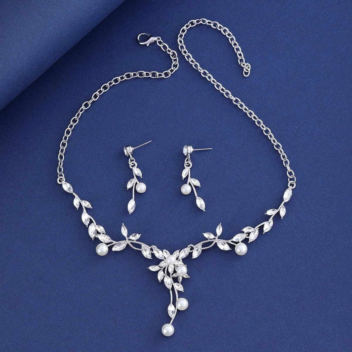 Elegant Bridal Zircon Crystal Pearl Vine Necklace And Earrings Jewelry Set For Wedding Party Gift