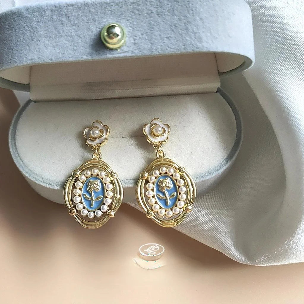 14K Gold Plated Copper Blue Flower Stud Earrings Retro Hong Kong Style Jewelry
