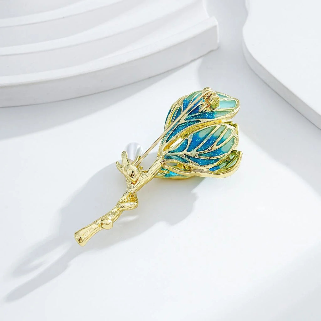 Elegant Pink Enamel Hibiscus Flower Brooch With Gold Alloy Stem And Pearl Bud, Luxury Lapel Pin Gift