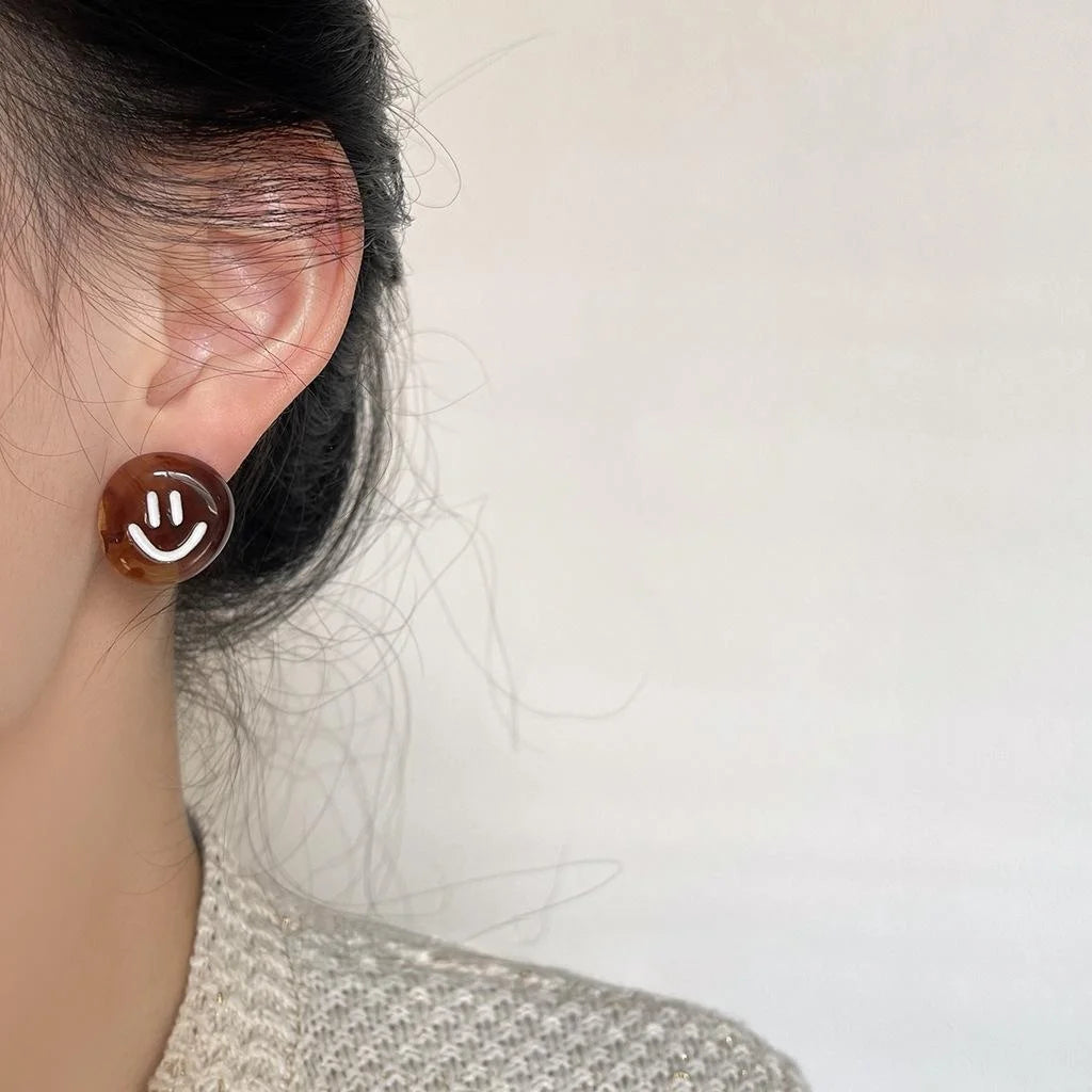 Maillard Style Brown Acrylic Smiley Round Stud Earrings For Women, Korean Autumn Winter Jewelry