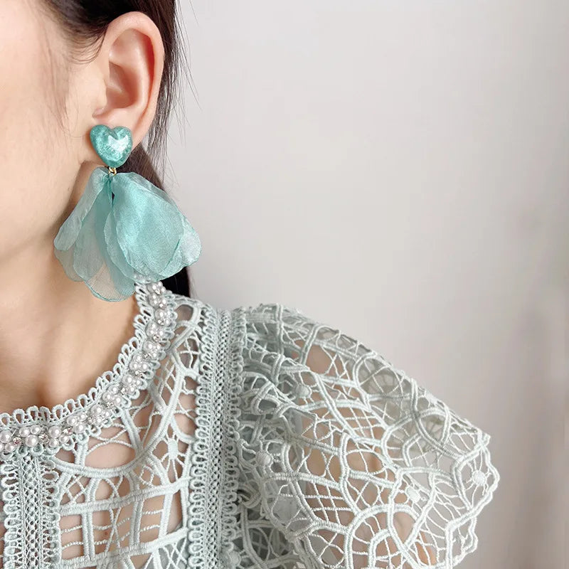 Blue Heart Chiffon Petal Lightweight Elegant Vacation Stud & Clip On No Piercing Flower Drop Earrings