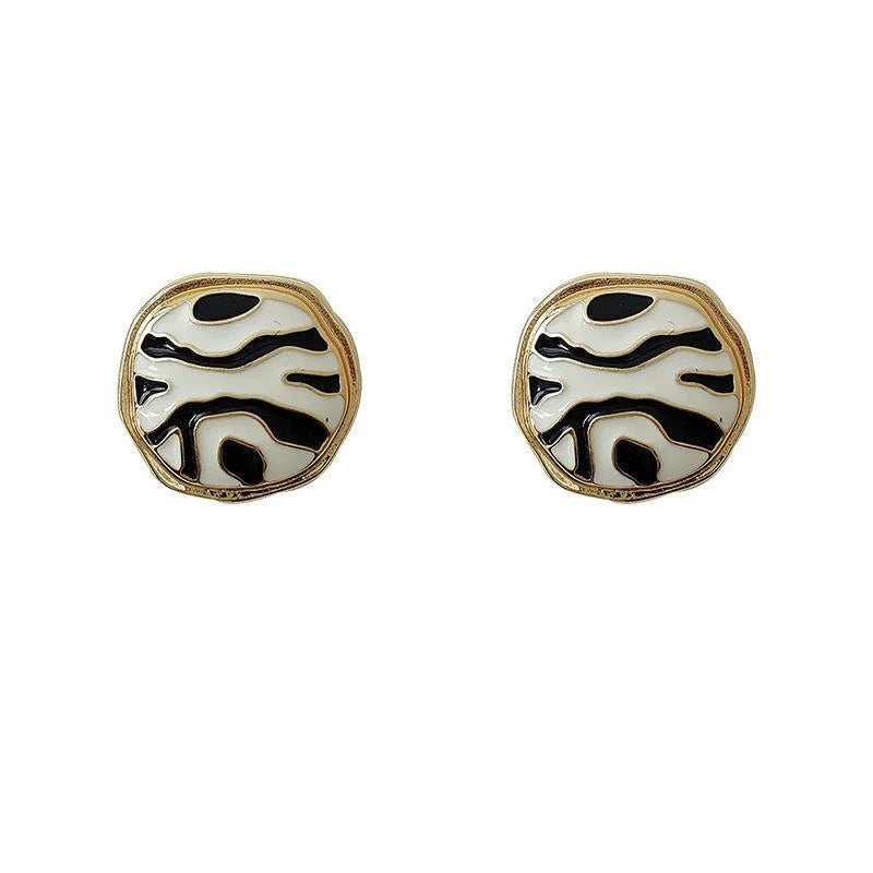 Premium 14K Plated Alloy Round Geometric Black White Enamel Stud Earrings For Women