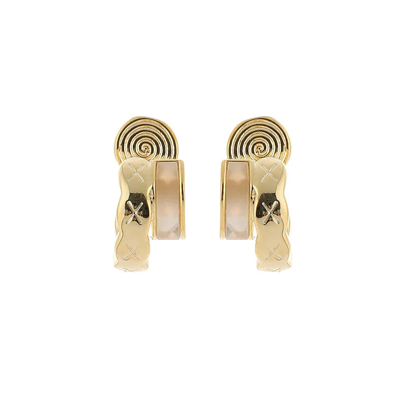 Elegant Gold Alloy Quilted C Hoop Spiral Disc Shell Double Layer Stud & Clip On No Piercing Earrings