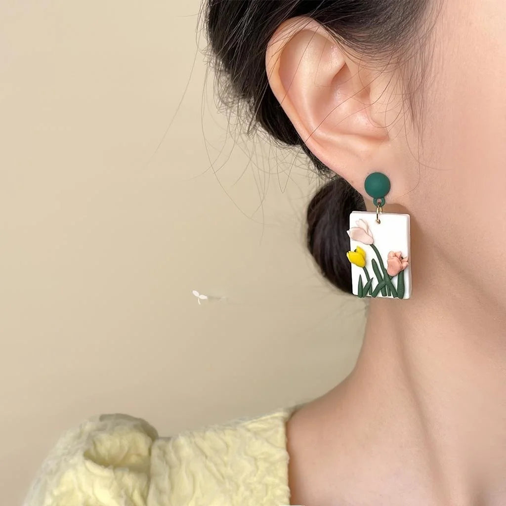 Handmade Polymer Clay Tulip Flower Drop Earrings Forest Style Sweet Floral Designer Jewelry