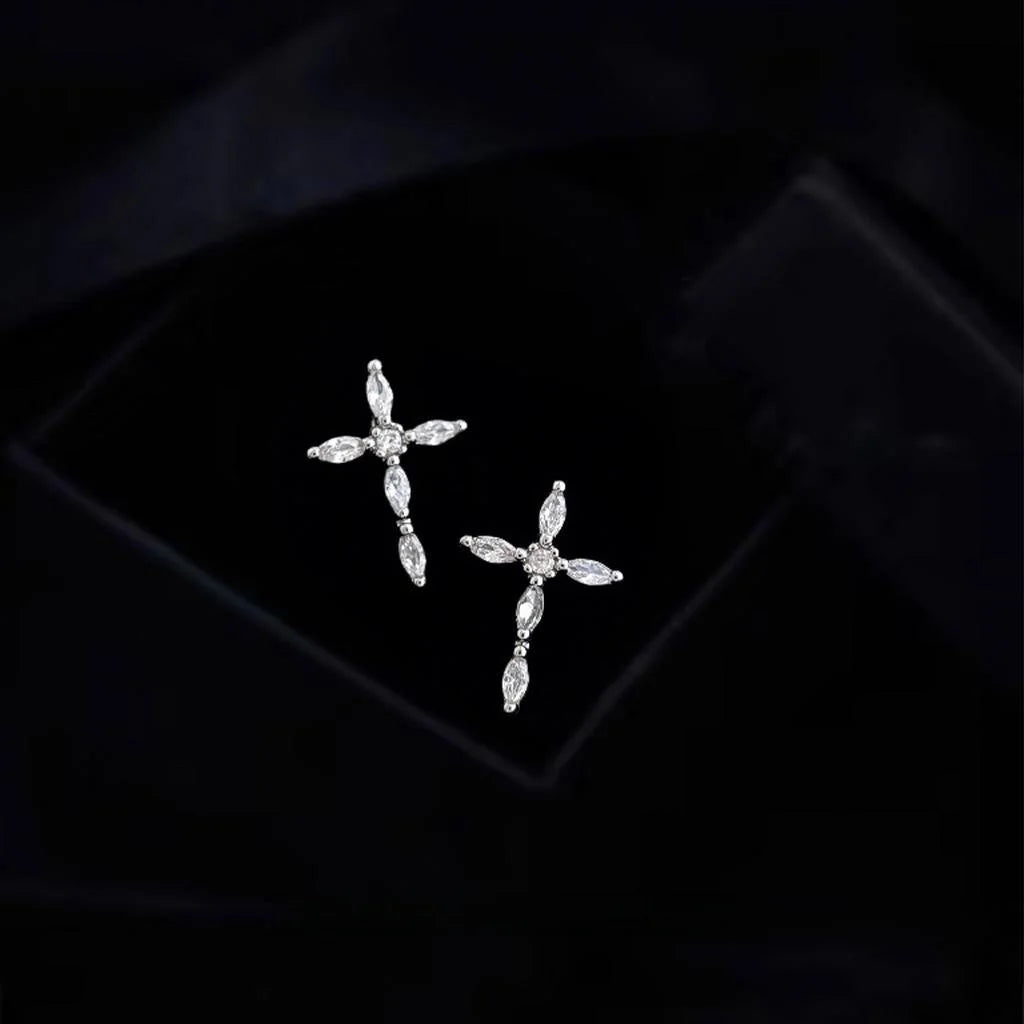 Minimalist Copper Micro Pave Zircon Cross Stud Earrings Geometric Faith Jewelry