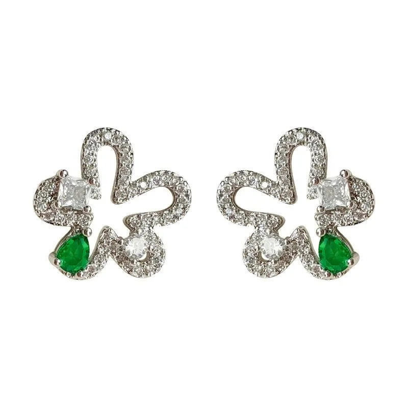 Light Luxury Micro Pave Zircon Copper Hollow Flower Stud Earrings Green Mini Minimalist Jewelry