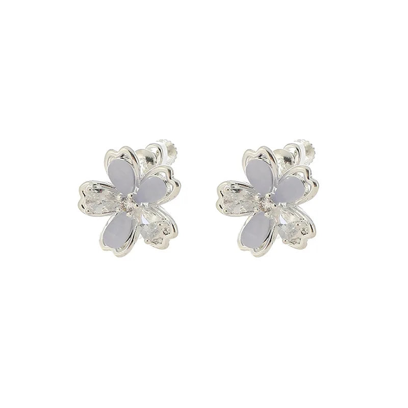 Elegant Zircon Crystal Flower Stud & Clip On No Piercing Sweet Fresh Silver Tone Women's Fashion Earrings