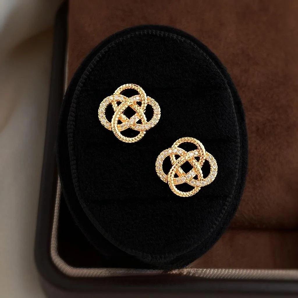 Light Luxury Geometric Floral Auspicious Knot Zircon Copper Stud Earrings