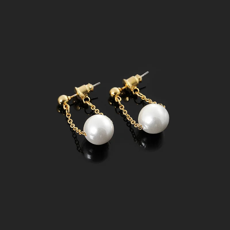 Elegant Spiral Coil Pearl Chain Drop Stud & Clip On No Piercing Gold Alloy Minimalist Earrings