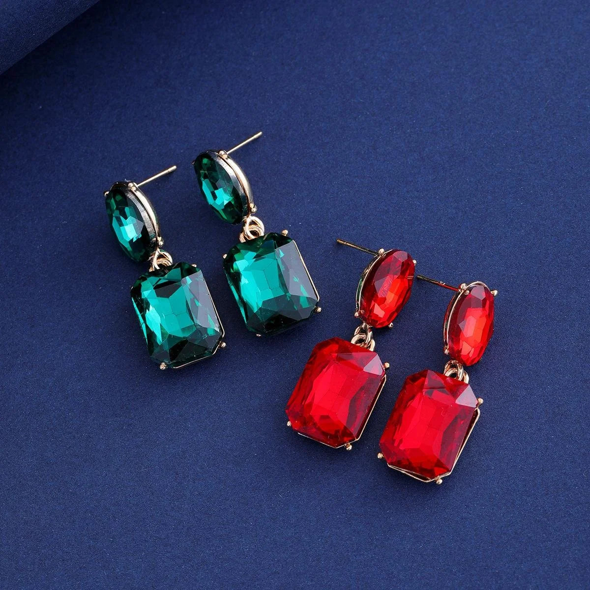 Vintage Emerald Green Crystal Geometric Drop Earrings Gold Tone Alloy Square Dangle Jewelry For Party Gift