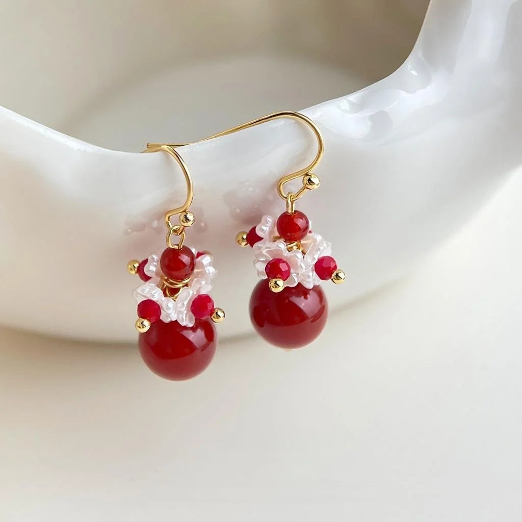 Handmade Red Agate Glass Crystal Resin Floral Geometric New Chinese Palace Style Drop Earrings