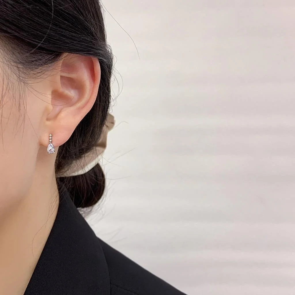 Minimalist Copper Water Drop Stud Earrings With Micro Pave Zircon And Pearl Accent
