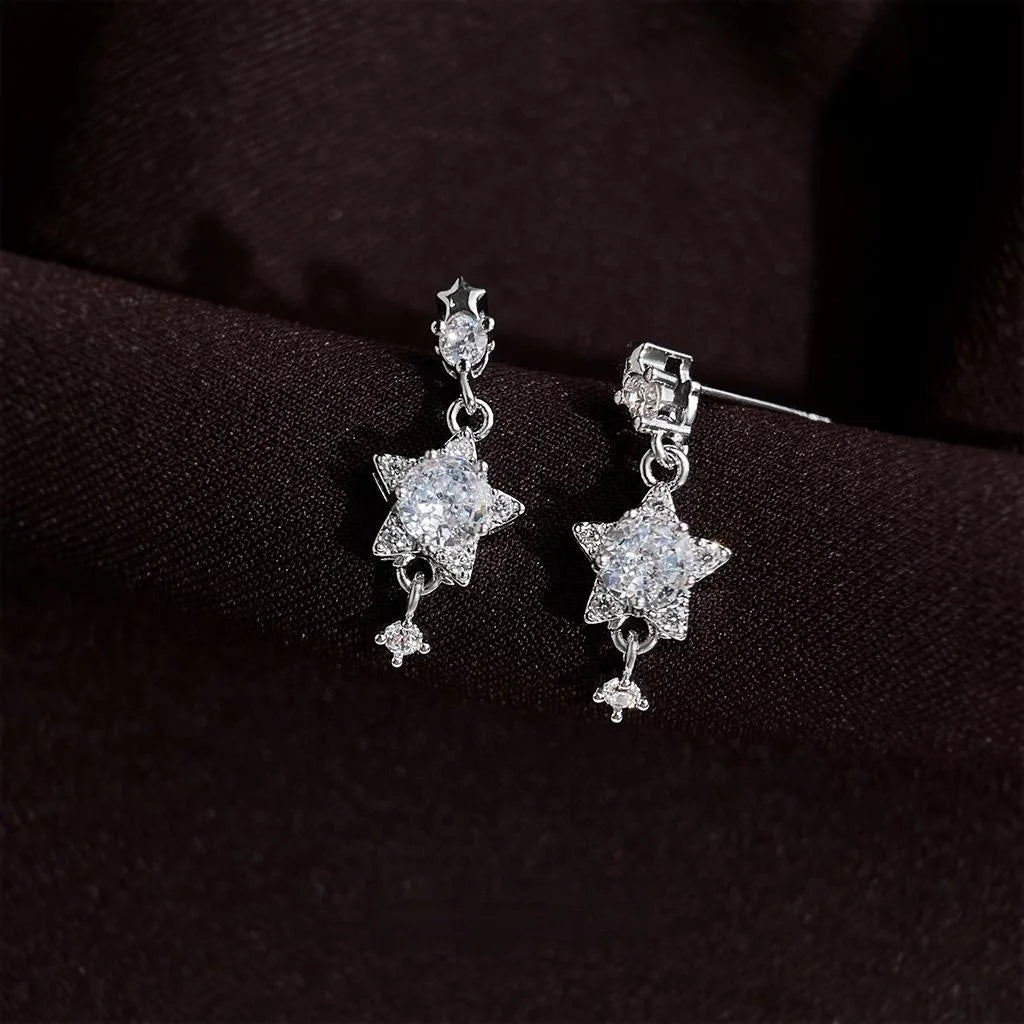High-End Zircon Inlaid Five-Point Star Drop Earrings Eco-Friendly Copper Meteor Jewelry