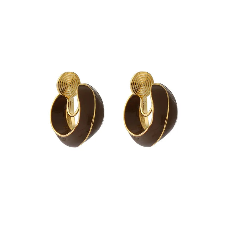 Elegant Vintage Brown Enamel Geometric Spiral Disc Alloy Wide Hoop Stud & Clip On No Piercing Earrings
