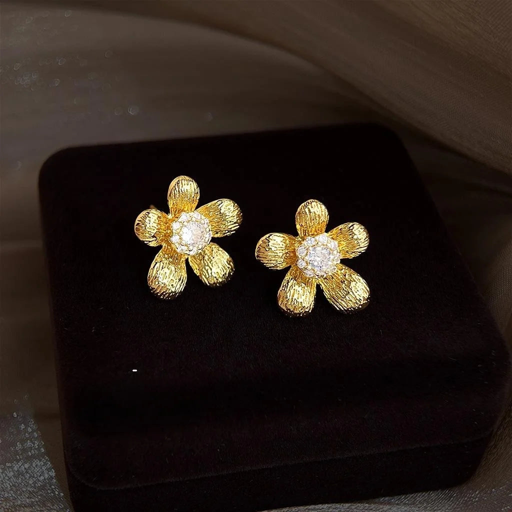14K Plated Copper Micro Pave Zircon Flower Stud Earrings Sweet Elegant Floral Jewelry