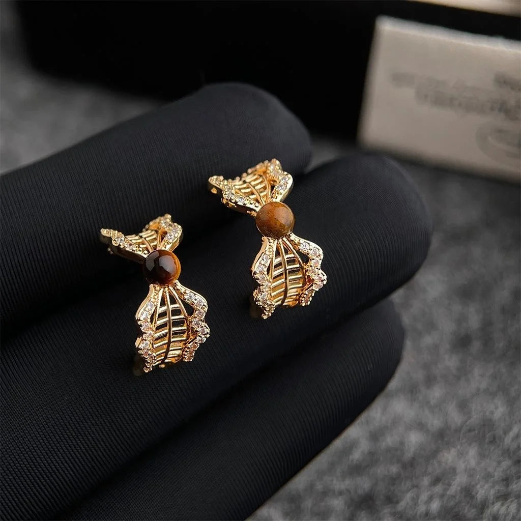Vintage Maillard Bow Drop Earrings Copper Tiger Eye Stone Zircon Micro Pave Lace Edge