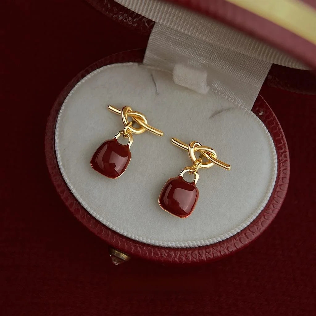 Burgundy Enamel Rope Knot Heart Bow Drop Earrings Copper Hong Kong Style Designer Jewelry