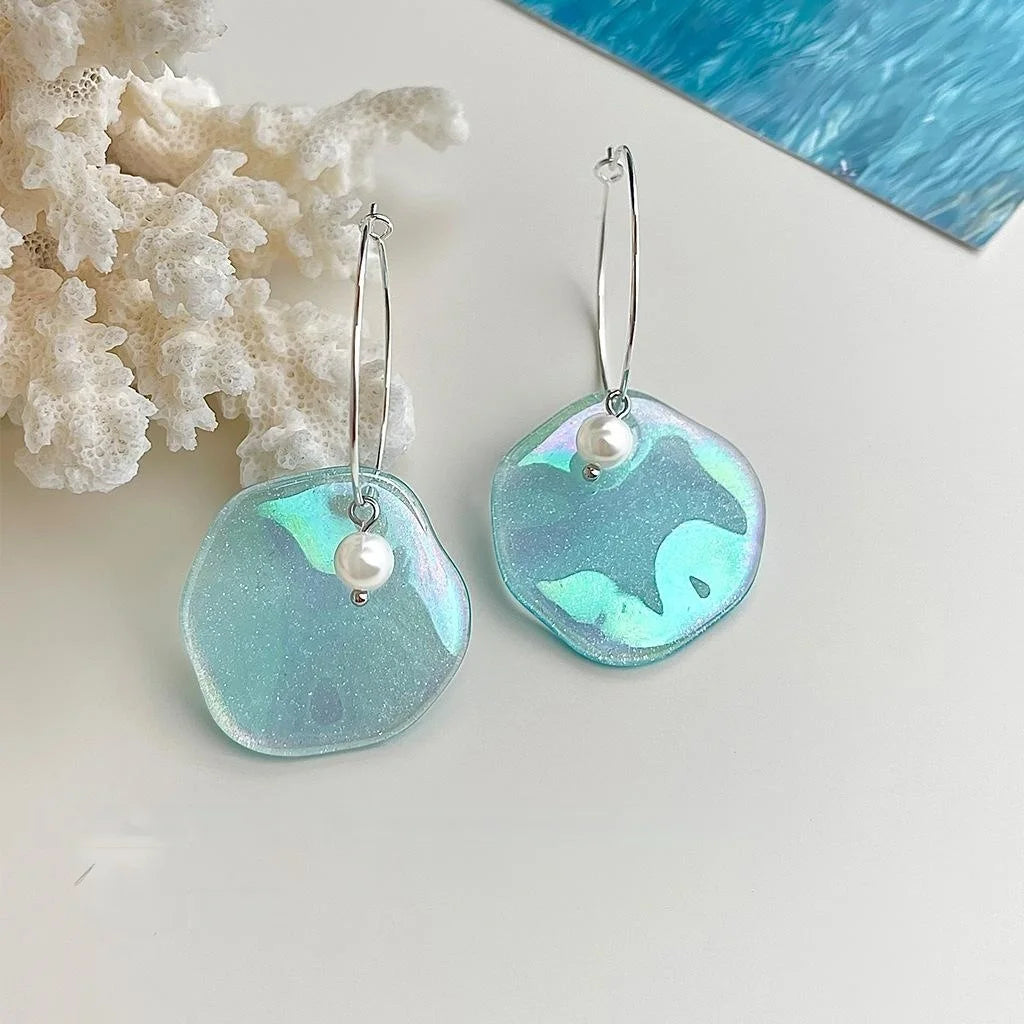Ocean Vacation Irregular Geometric Acrylic And Glass Pearl Drop Earrings For Women